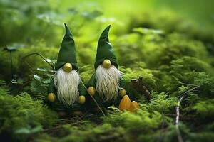 AI generated Toy Irish gnomes in a mystery forest, abstract green natural background. Generative AI photo