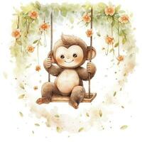 AI generated Cute happy baby monkey on swings on a tree in watercolor. AI Generated photo