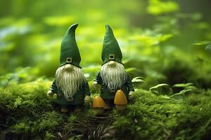 AI generated Toy Irish gnomes in a mystery forest, abstract green natural background. Generative AI photo