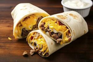AI generated Breakfast burrito with sausage, eggs, hashbrown and cheese. AI Generated photo