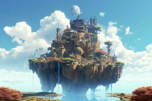 AI generated Ancient Heavenly Floating island in the sky with a castle, vibrant, fantasypunk, AI Generative photo