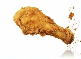 AI generated Fried chicken leg falling in the air isolated on a white background. AI Generated. photo