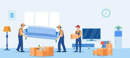 concepto Moviente casa. hombres en mono tomando cajas y mueble fuera de departamento. Moviente con cajas a nuevo hogar. pila de apilado cartulina cajas vector ilustración en plano estilo