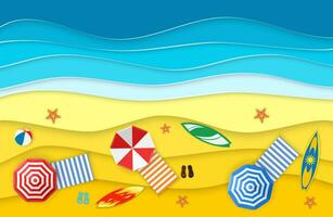 mar paisaje con playa, ondas, chancletas zapato. papel cortar fuera digital arte estilo. resumen azul mar y playa verano antecedentes con papel olas y litoral. vector ilustración