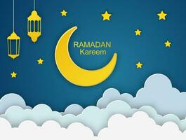 Ramadán kareem con oro luna, 3d papel cortar nubes y estrellas en noche cielo antecedentes. vector ilustración. tradicional linternas y sitio para tu texto.