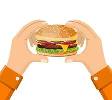 Hamburger holding in hand, Eating fast food concept. vector