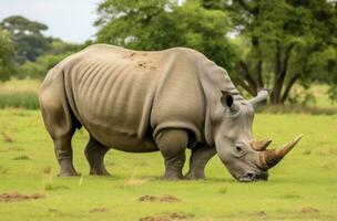 AI generated White Rhino grazing. AI Generated photo