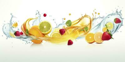 AI generated Swirl water splash with fruits. liquid flow with ice cubes and a mix of fresh fruits. Generative AI photo