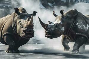 AI generated Two Rhinoceros getting ready for fight on Ice. AI Generated photo