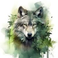 AI generated Wolf animal in greenery for kids emotional watercolors. AI Generated photo