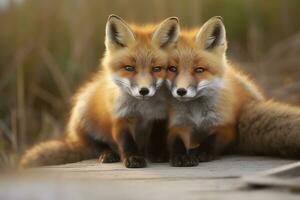 AI generated Wild baby red foxes cuddling at the beach. Generative AI photo