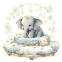 AI generated An elephant on a bed with stars and blankets around the circle. AI Generated photo