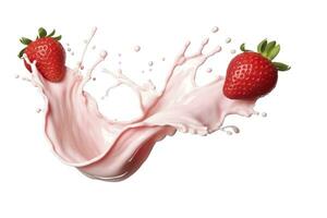 ai generado Leche o yogur chapoteo con fresas aislado en blanco fondo, 3d representación. ai generado foto