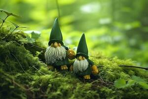 AI generated Toy Irish gnomes in a mystery forest, abstract green natural background. Generative AI photo