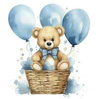 AI generated A watercolor baby teddy bear is sitting in the basket with blue and gold balloons. AI Generated photo