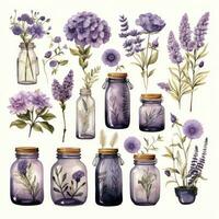 AI generated Collection of watercolor mason jars with purple flowers clipart. AI Generated photo