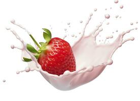 ai generado Leche o yogur chapoteo con fresas aislado en blanco fondo, 3d representación. ai generado foto