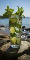 AI generated Stunning photo of cocktail mojito, a sunny summer beach in the background. Generative AI