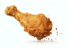 ai generado frito pollo pierna que cae en el aire aislado en un blanco antecedentes. ai generado. foto