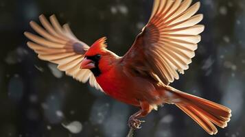 AI generated Northern Cardinal coming in for a landing. Generative AI photo