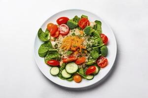 AI generated Salad with quinoa, spinach, broccoli, tomatoes, cucumbers and carrots. AI Generated photo