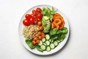 ai generado ensalada con quinua, espinaca, brócoli, Tomates, pepinos y zanahorias. ai generado foto