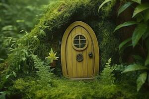 AI generated Little magic wooden fairy doors and plants leave on a mossy natural green background. AI Generated photo