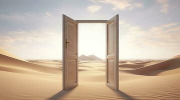 AI generated The opened door on the desert. Unknown and start up concept. AI Generated. photo