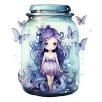 AI generated Watercolor Fantasy Pastel Goth Tiny Fairy in a Jar. AI Generated photo