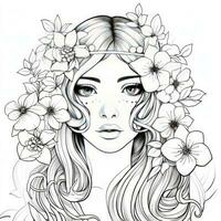 AI generated A girl on a coloring book page with Jasmine flowers. AI Generated photo