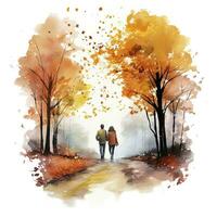 AI generated Watercolor autumn landscape with a couple walking. AI Generated photo