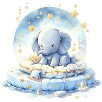 AI generated An elephant on a bed with stars and blankets around the circle. AI Generated photo