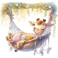 AI generated A sleepy baby giraffe in a hammock. watercolor illustration. AI Generated photo