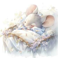 AI generated A sleepy baby mouse in a bedding, watercolor illustration.  AI Generated photo