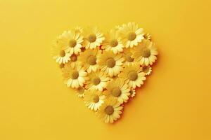 AI generated Yellow Heart Shaped By Yellow Daisies Over Yellow Background. AI Generated photo