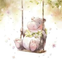 AI generated Cute happy baby rhino on swings in the tree in watercolor style. AI Generated photo