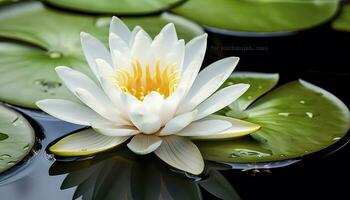AI generated White water lily. White lotus with leaves on dark pond. AI Generated photo