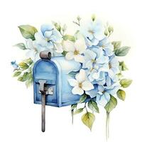 AI generated Watercolor light blue floral mailbox on a white background. AI Generated photo