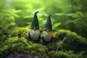 ai generado juguete irlandesa gnomos en un misterio bosque, resumen verde natural antecedentes. generativo ai foto