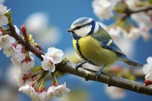 ai generado un bluetit pájaro descansando en el rama de un árbol. ai generado. foto