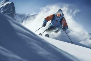 AI generated Skier Skiing On Mountain Slope. AI Generated photo