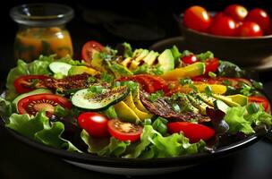 ai generado salud beneficios de sano ensalada, en el estilo de preciso detallando, suave y brillante. ai generado foto