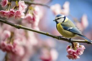 ai generado un bluetit pájaro descansando en el rama de un árbol. ai generado. foto