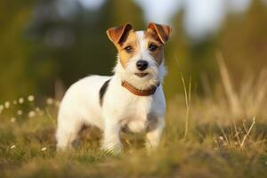 ai generado contento Jack Russell terrier mascota perro espera, escuchando en el césped. ai generado foto