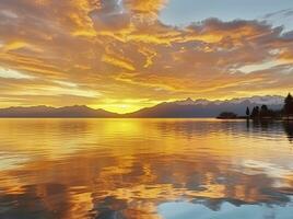 ai generado brillante puesta de sol terminado lago dorado nubes reflejar en el agua. ai generado. foto