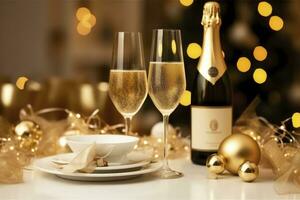 AI generated Christmas table setting with holiday decorations in gold color. AI Generated photo
