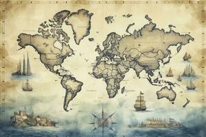 AI generated Great detailed illustration of the world map in vintage style. AI Generated photo