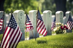 AI generated Military Headstones and Gravestones Decorated With Flags for Memorial Day.  AI Generated photo