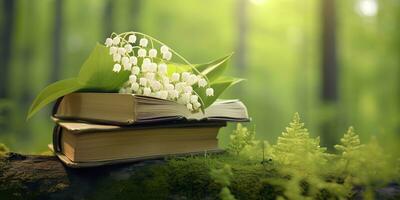 AI generated Lily of the Valley flowers and old books in the forest, green natural background. AI Generated photo