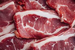 AI generated Macro shot of pork meat. Meat textured background. Beef steak is raw and juicy. AI Generated photo